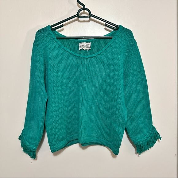 Vintage Teal Knit Sweater with Fringe Hem Sleeves S/M - Picture 2 of 7